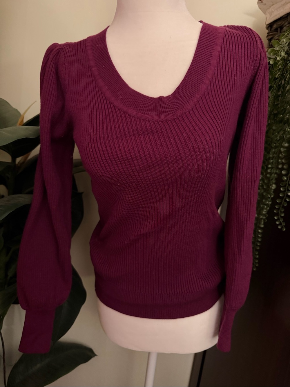 LOFT Plum Ribbed Scoop Neck Sweater with Puff Sleeves